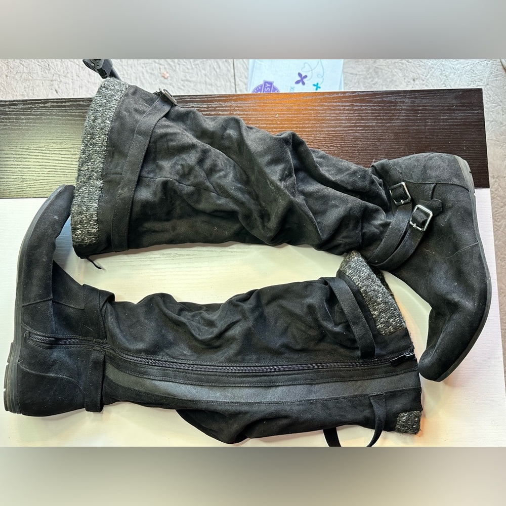 Torrid Black Knee-High Boots, Size 12, Knit Trim, Faux Suede, Gently Use…